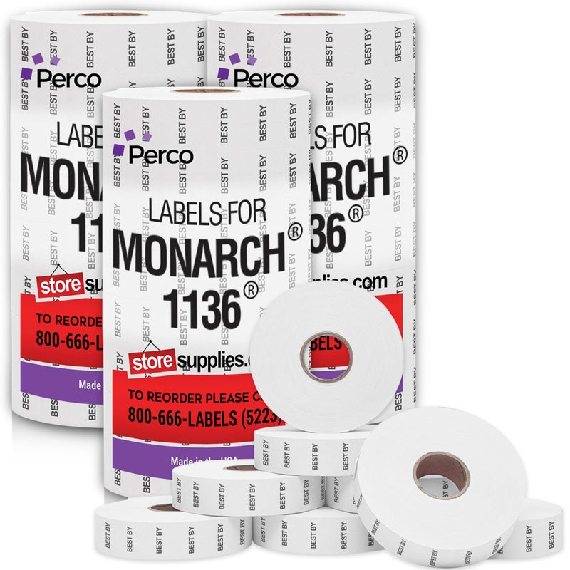 Perco Best by Labels for Monarch 1136 Price Gun - Buy 2 Sleeves Get 1 Free | 24 Rolls, 42,000 Marking Labels - with Bonus Ink Rolls - Image 1